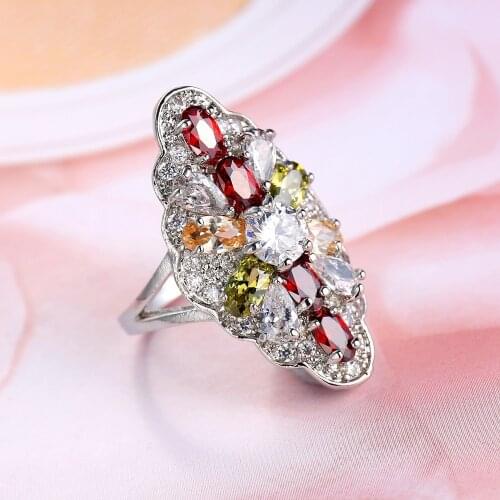 Fashion Jewelry Party Oval Finger Ring Colorful CZ Crystal sterling silver Women Wedding Engagement Rings Bijoux