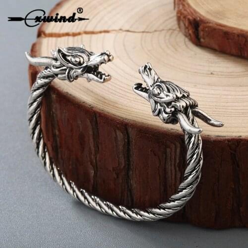 Cxwind Viking Retro Wire Bangle Jewelry Men Double Dragon Heads Cuff Twist Bracelet Bangle Adjustable for Men Women Punk Gift
