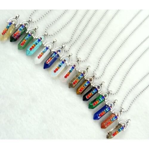 Natural stone lapis Quartz crystal Opal mix pillar charms chakra Pendant stainless steel Necklace for women Fashion Jewelry 1PC