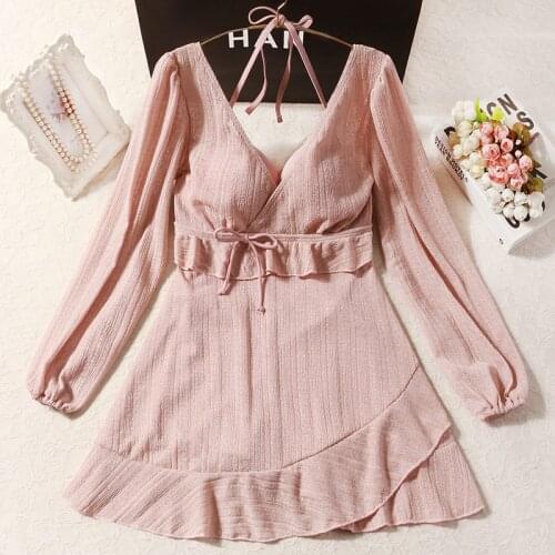 2021 New Women Solid Push Up One-Piece Swimwear Long Sleeve Bathing Suit Swimming Beach Dress Ruffles Deep V Swimsuit Swimdress