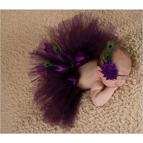 NEW Baby Tulle Tutu with Matching Peacock feathers Flower Headband Set Newborn Photography Props Little Girl Bow Tutu Skirt
