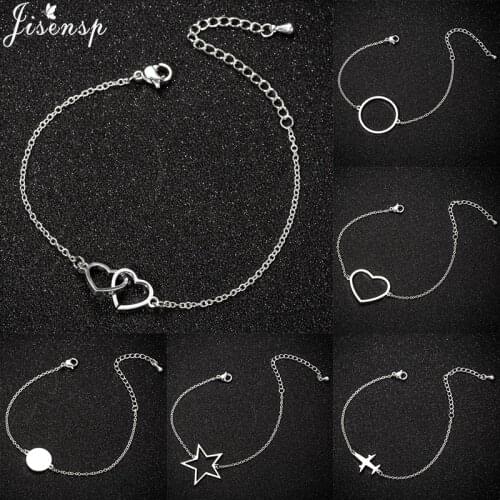 Jisensp Romantic Double Heart Bracelet Fashion Jewelry for Women Geometric Stainless Steel Charm Bracelet pulseras de plata