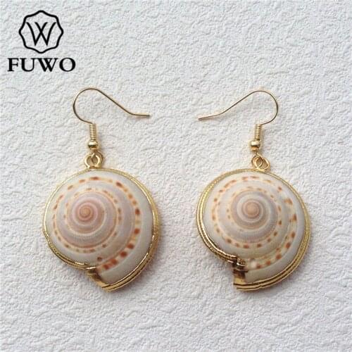 FUWO Natural Spiral Sea Shell Earrings With 24K Gold Filled Edge Minimalist Design Ocean Beach Island Conch Dangle Earring ER501