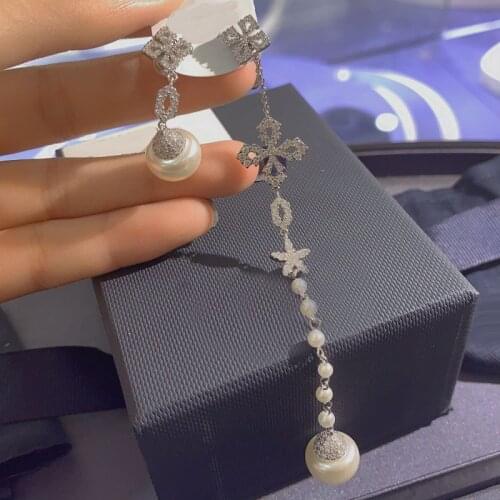 Brand 1:1Silver Color White Pearl Earrings Paved Cubic Zirconia Sliding Flower Asymmetry Earring Women Jewelry September New