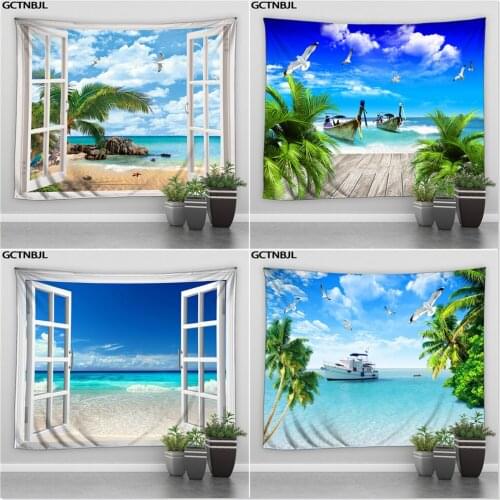 Sunlight Beach Big Landscape Tapestry Window Sea Ocean Green Plant Trees Hippie Wall Hanging Tapestries Bohemian Bedroom Blanket