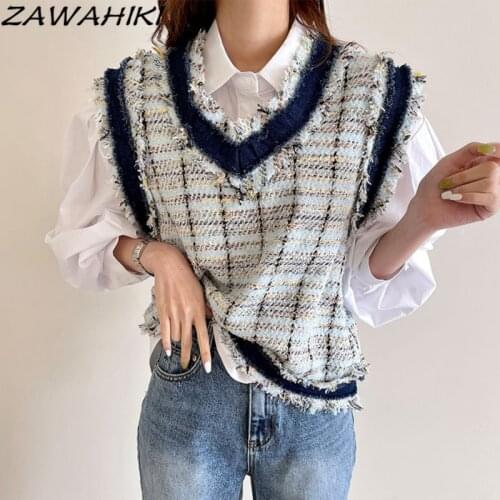 ZAWAHIKI Simple Lapel Loose Solid Color Lantern Sleeve Shirt V-Neck Raw Edge Plaid Contrast Color Tweed Vest Womens Clothes