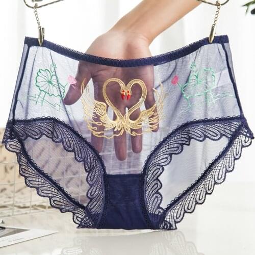 Sexy and Lovely Ladies Comfortable Underwear, Transparent Lace Mesh Mid-waist Briefs, Exquisite Embroidered Seamless Panties