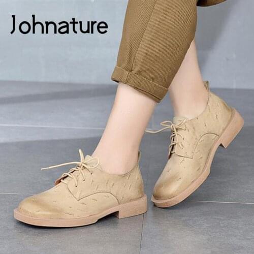 Johnature Retro Pumps Women Shoes Genuine Leather 2021 New Autumn Lace-up Round Toe Platform Heels Handmade Concise Ladies Shoes
