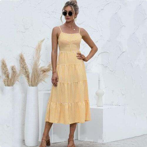 Sexy Off Shoulder Sleeveless Backless Plaid Print Big Swing Dress Womens Summer Suspender Halter Maxi Dress Robes Femme Vestidos