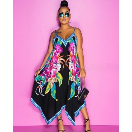 Women Beach Maxi Dress Floral Print Boho Loose Sleeveless Dresses Casual Spaghetti Strap V-Neck Sexy Party Dress Robe Femme