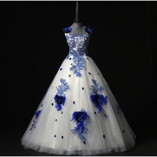 100% real white with blue flower rhinestone beading medieval dress Renaissance gown queen/princess Victorian Belle Ball gown