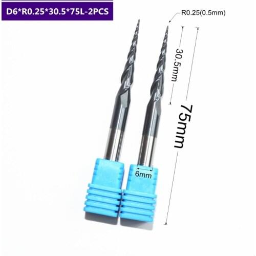 2PCS,R0.25*D6*30.5*75L,HRC55 solid carbide TiALN Coated Taper Ball Nose End Mills,taper and cone Bits,woodworking milling cutter