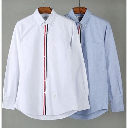 2021 Fashion TB THOM Brand Shirts Men Slim Long Sleeve Casual Shirt Turn Down Collar Oxford Middle ribbon Solid Mens Clothing