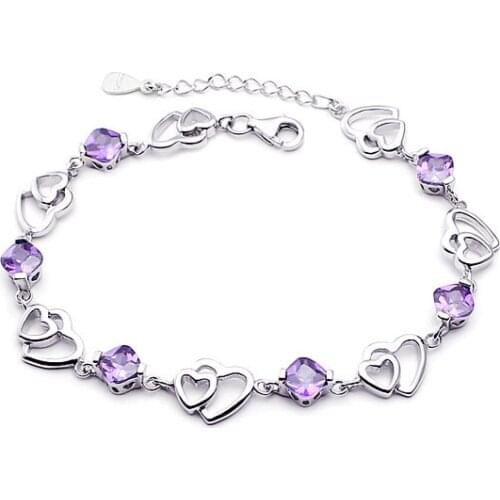 Sterling Silver Double Heart purple crystal bracelet for women wholesale jewelry manufacturers Free Shipping