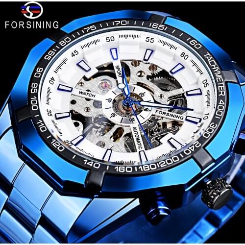 Forsining Blue Men Automatic Mechanical Watches Luxury Skeleton Mens Military Watch Stainless Steel Wristwatches Luminous