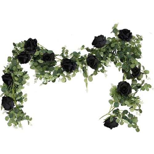 6.23 Feet Artificial Eucalyptus Garland with Black Roses Faux Greenery Eucalyptus Leaves Rose Vine for DIY Wreath Decor