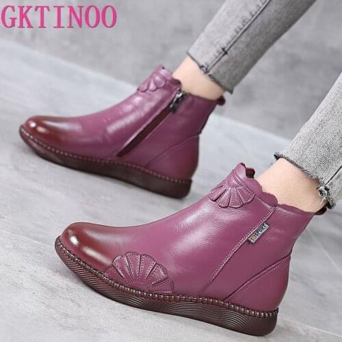 GKTINOO 2020 Winter Genuine Leather Ankle Boots Handmade Lady Soft Flat Shoes Comfortable Casual Moccasins Side Zip Ankle Boots