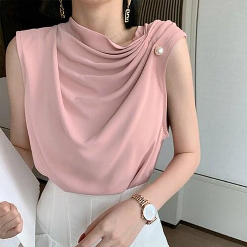 Summer Sleeveless Chiffon Blouse Women Elegant Beading Pleated Hong Kong Style Shirts French 2021 New Bottoming Top Blusas 13036