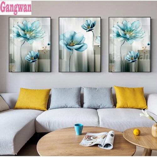 Abstract Blue Flower DIY Diamond Painting still life diamond Embroidery mosiac painting 5d needwork Cross Stitch 3 pcs set decor