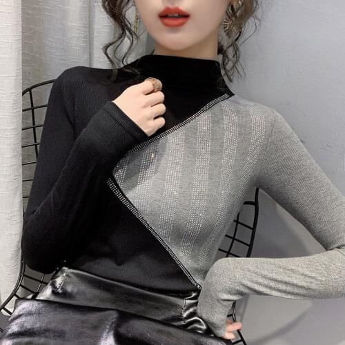 Half-high collar contrast color slim long-sleeved T-shirt women spring and autumn new fashion foreign style bottoming shirt tops