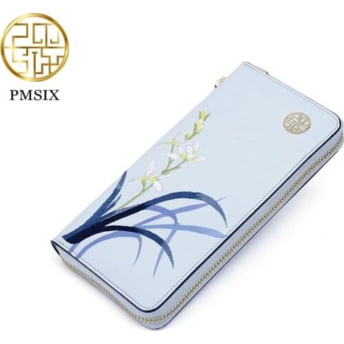PMSIX Embroidered Leather Women Wallet Elegant Ladies Purse Design Long Female Clutch Exquisite Gift Femininas