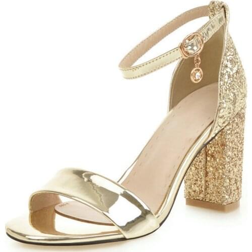 Summer princess sandals womens shoes sweet fashion street thick heels one word buckle silver gold sandals