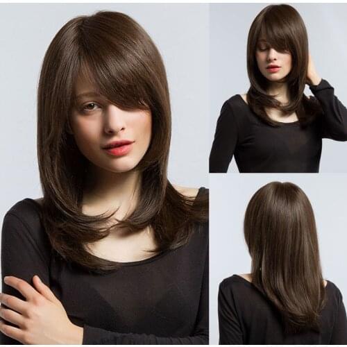 LOUIS FERRE Synthetic Long Brown Wigs with Bangs 20 Inch Layered Natural Curly Hair Wigs for Women Heat Resistant Cosplay Wig