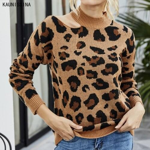Sexy Leopard Sweaters Women Autumn Winter O-neck Long Sleeve Knitted Jumpers Sweater Soft Female Knit Pullovers Tops Green Brown