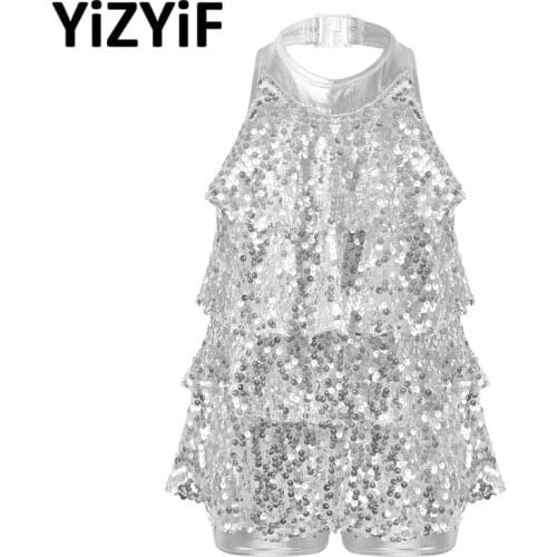 Kids Girls Baller Dance Costume Halter Neck Shiny Sequins Dance Shorty Unitard Dress Modern Jazz Dance Latin Dancing Clothes