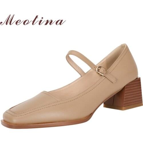 Meotina Genuine Leather Block Heels Pumps Women Mary Janes Shoes Buckle Square Toe High Heel Footwear Female Dress Shoes Beige