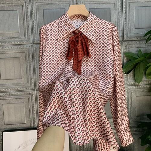 France style womens elegant bowtie long sleeves Shirts High quality print long sleeves women blouses tops C274