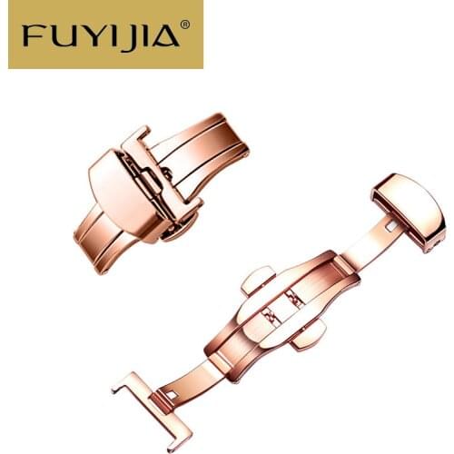 FUYIJIA New Men Women Watch Accessories Double Press Folding Clasp Stainless Steel Butterfly Buckle For Genuine Alligator Strap