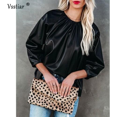 Long Sleeve Casual Womens Blouse 2021 Summer Fashion Patent Leather Woman Tops Plus Size Black Ruched Shirts