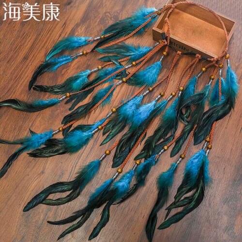 Haimeikang 2021 Feather Hair Band Bohemian Blue Elastic Gypsy Festival Headband Womens Fashion Hair Accessories