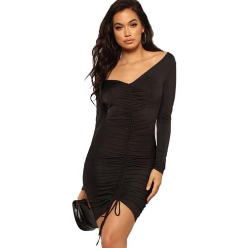 Women Autumn Winter Bodycon Bandage Dress Sexy Off Shoulder Long Sleeve Slim Ruched Elegant Club Mini Short Party Dresses Robe