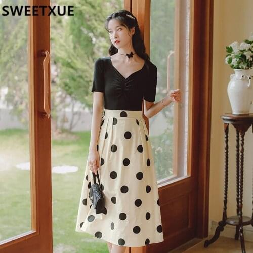 SWEETXUE Summer Womens Two-Piece Suit Short Sleeve Knit Sexy V-neck Top + Polka Dot Skirt Fashion Set Elegant Feminine Outfits