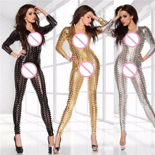 Women Sexy Imitation Leather Mesh Hole Zipper Tight Jumpsuit Nightclub DS Stage Costume