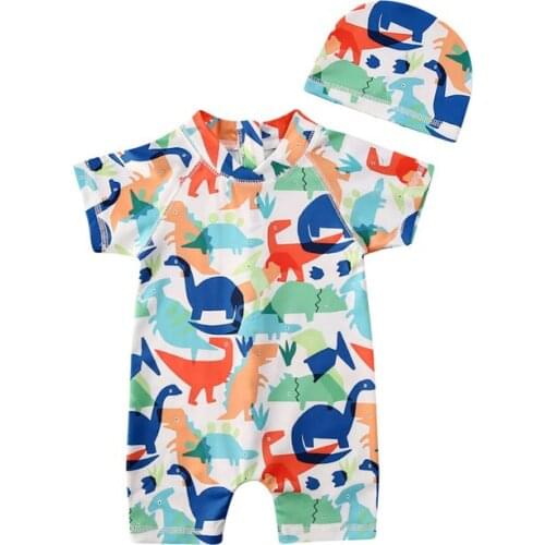 1-6 Years Toddler Boys Swimsuit Dinosaur Print One Piece Swimwear For Boys Sun Protective Safe Swimming Costume Hat Swimming Set