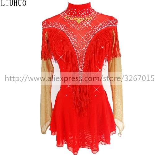 Figure Skating Dress Child Womens Girls' Ice Skating Dress Kids Competition Red Stand collar long sleeve Fringe design