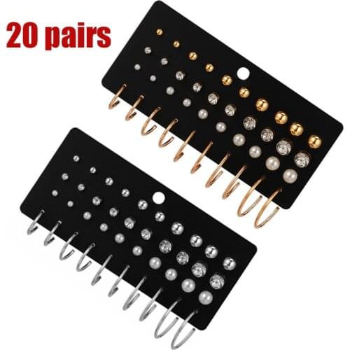 20 Pairs Minimalist Mixed Small Earrings Set Pearl zircon Rhinestone Geometric Ear Stud Hoop Ring For Women Girls Jewelry