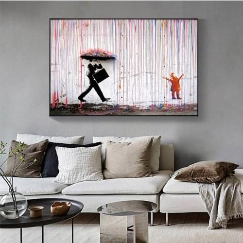 Banksy Walking In The Rain Street Graffiti Wall Art Canvas Paintings on The Wall Posters and Prints for Living Room Decor