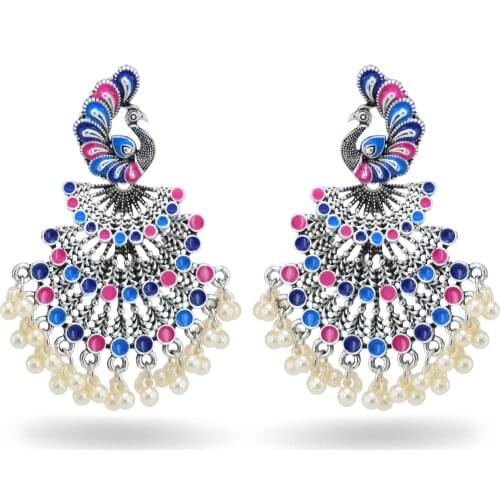 Big Peacock Earrings Ethnic Boho Classic Beads Pearl Tassel Earrings Jhumka Geometric Pakistan Indian Jewelry Wedding Party