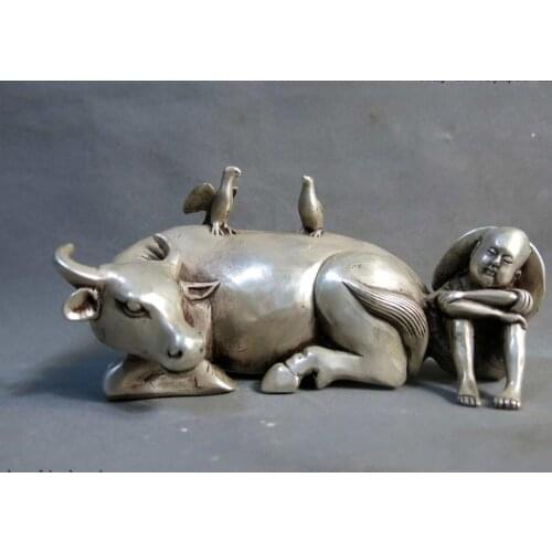 China silver carved fine two bird on cattle ox and shepherd boy Sculpture Statue