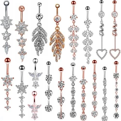 1/2PCS Crystal Butterfly Belly Button Piercing 14G Surgical Steel Sunflower Belly Piercing Ring Dangle Rose Gold Navel Piercing