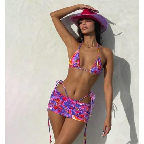 2 Pieces Suit Set, Women’ s Floral Print Strappy Bikini Tops+ Package Hip Skirt for Summer, Purple/Green/Blue, S/M/L