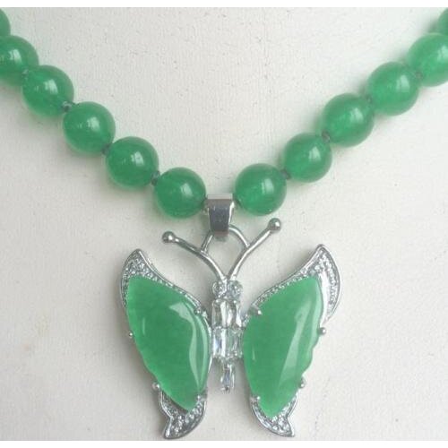 Beautiful 8mm natural Green Jades GP Butterfly Pendant Necklace 18"