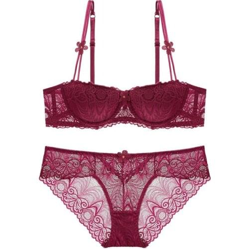 Madiy Ladies Fashion Half Cup Lingerie Hollow Out Lace Floral Pattern Bra Set For Women Sexy Underwear Transparent Briefs #1063