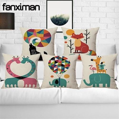 Children Room Cushion Cover Animal Print Linen Square Pillowcase Home Decorative Sofa Cushions Elephant Giraffe Pillows 45*45 CM