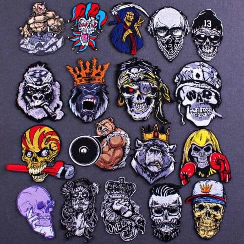 Punk Skull Animal Patches For Clothing Hippie Rock Embroidered Patches On Clothes Applique Bagde DIY Lion Bear Stripe For Jacket