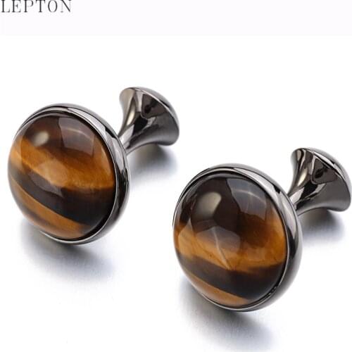 Low-key Luxury Tiger-eye Stone Cufflinks for Mens Business Wedding Lepton Brand High Quality Round Stone Cuff links Best Gift